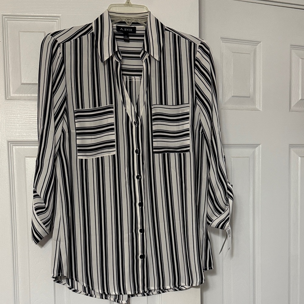 A. Byer Black and White Vertical Striped Button Down Blouse Size US L